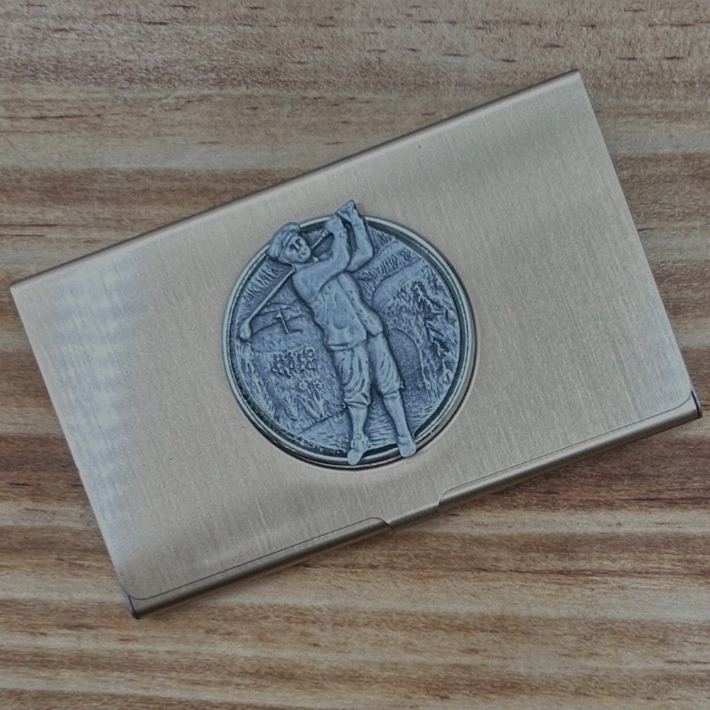 Fort Pewter Golf Medallion Business Card Case Brushed Metal Holder